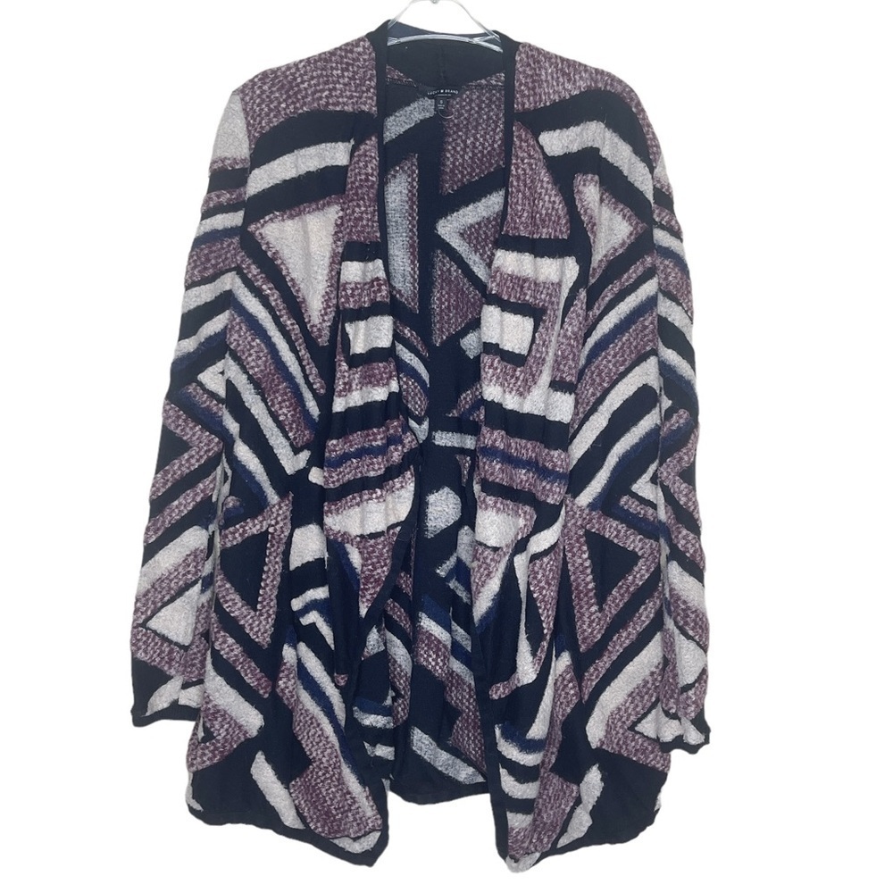 Lucky Brand Aztec Tribal Print Purple Black Ivory Open Cardigan Sweater small‎